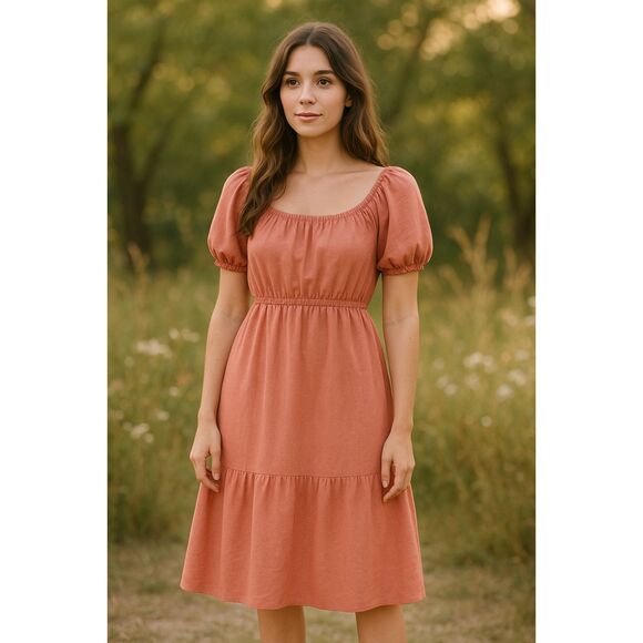 Love Tree Tiered Milkmaid Mini Linen Blend Boho Dress Cottagecore Western Size L - Picture 1 of 16